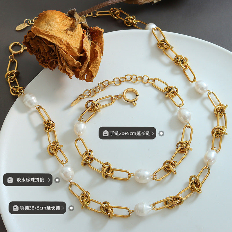 Elegant Pearl Twisted Chain Necklace/Bracelet Set