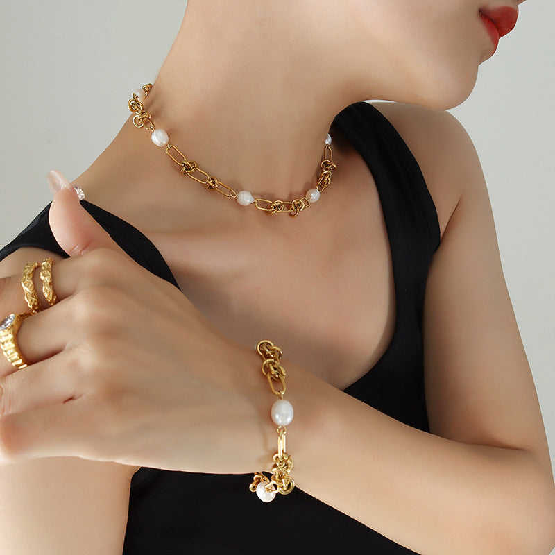 Elegant Pearl Twisted Chain Necklace/Bracelet Set