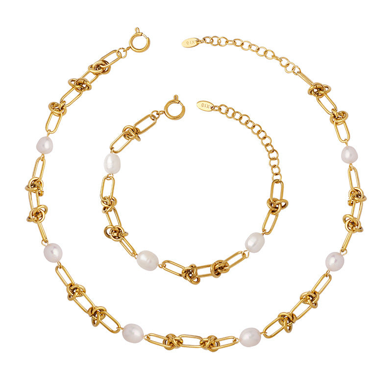 Elegant Pearl Twisted Chain Necklace/Bracelet Set