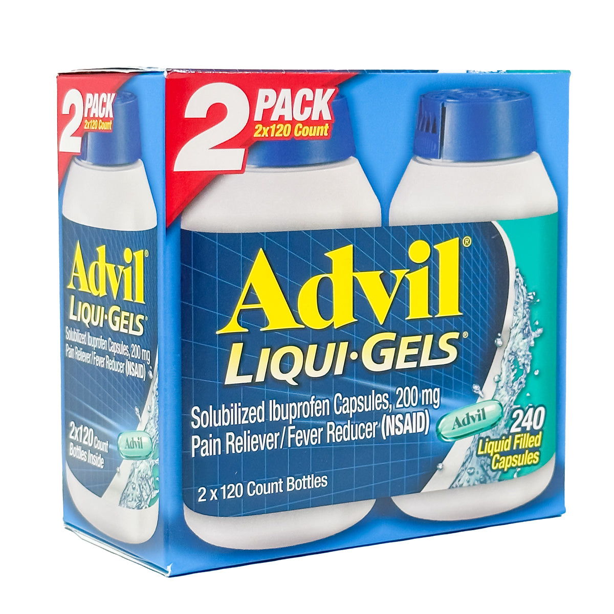 Advil Liqui-Gels Ibuprofen 200 mg. Pain Reliever/Fever Reducer, 120 Capsules each (Pack of 2)