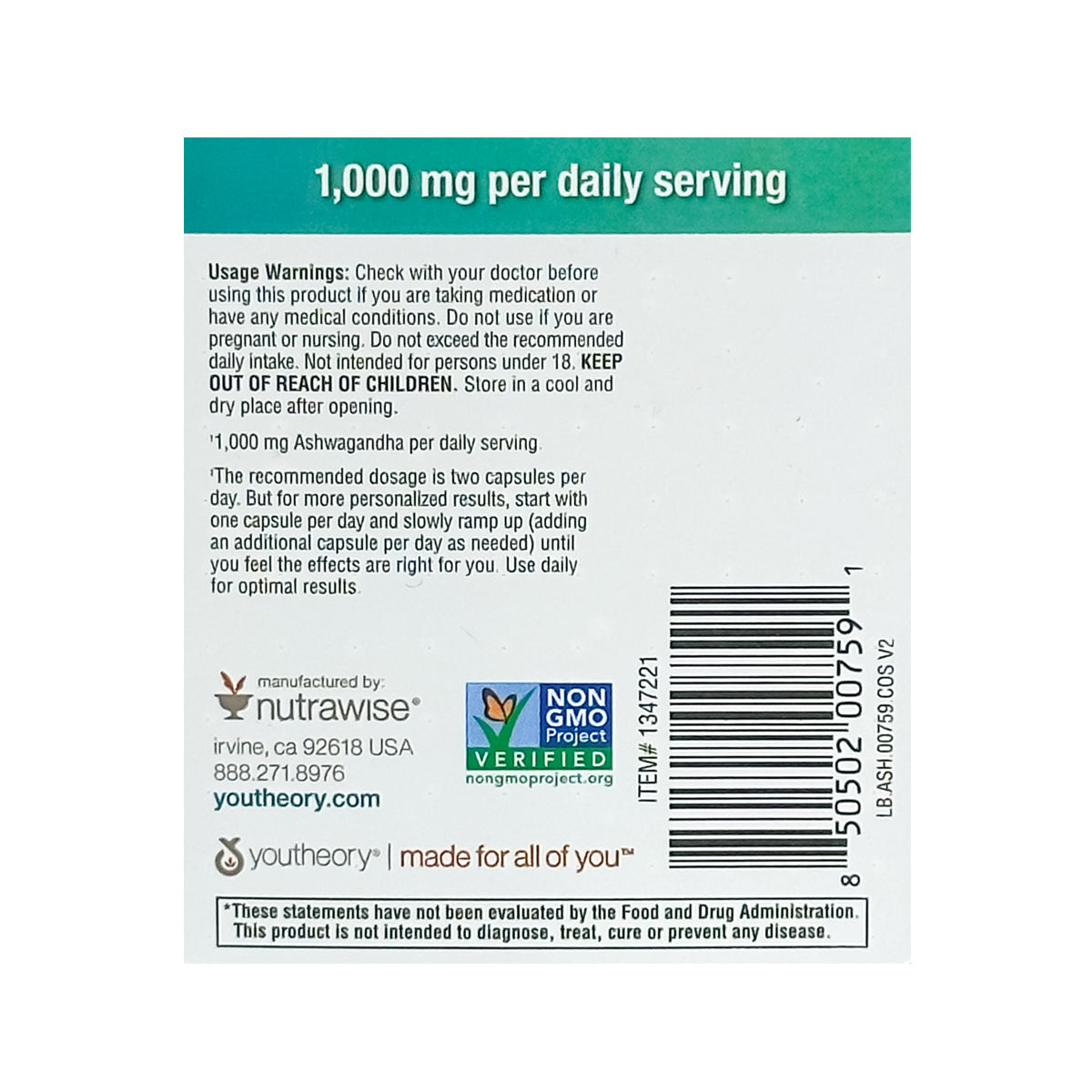 Youtheory Ashwagandha 1,000 mg., 150 Capsules