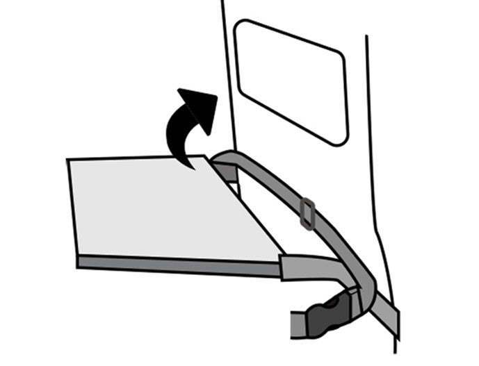 Attach the lock buckle to the tray table arm during the cruise flights