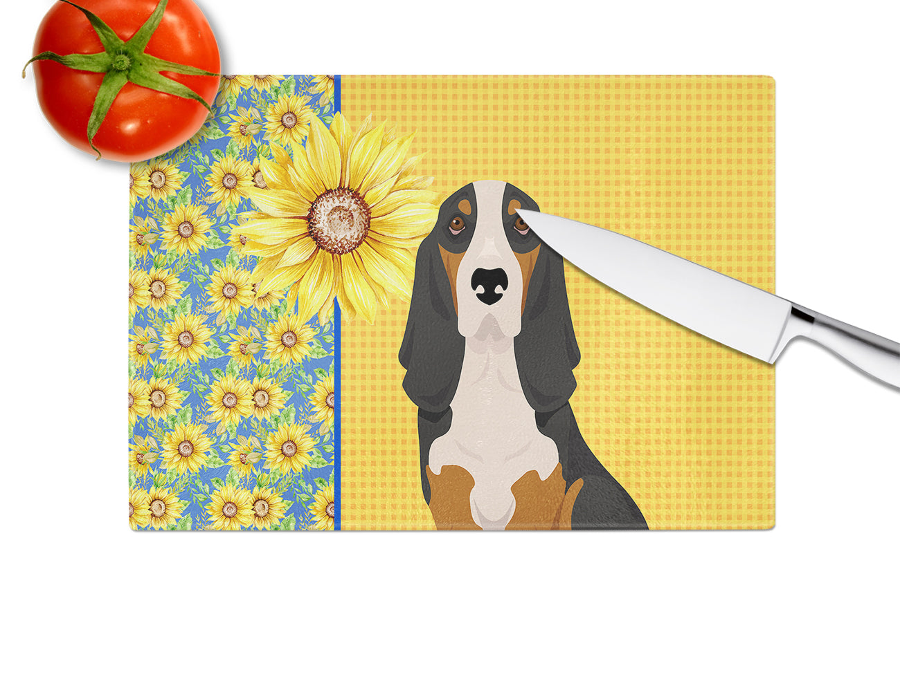 Summer Sunflowers Black Tricolor Basset Hound Glass Cutting Board Large