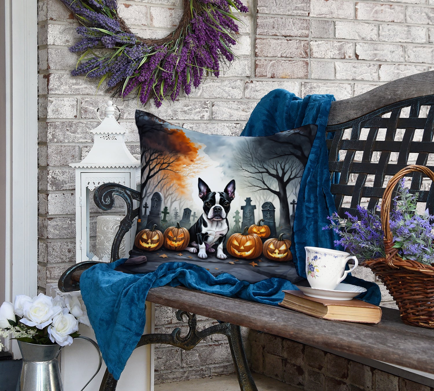 Boston Terrier Spooky Halloween Fabric Decorative Pillow DAC2022