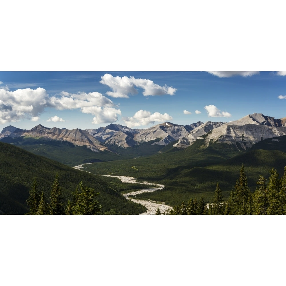 Panorama of river valley and mountain range with blue sky and clouds; Bragg Creek  Alberta  Canada Poster Print by Micha