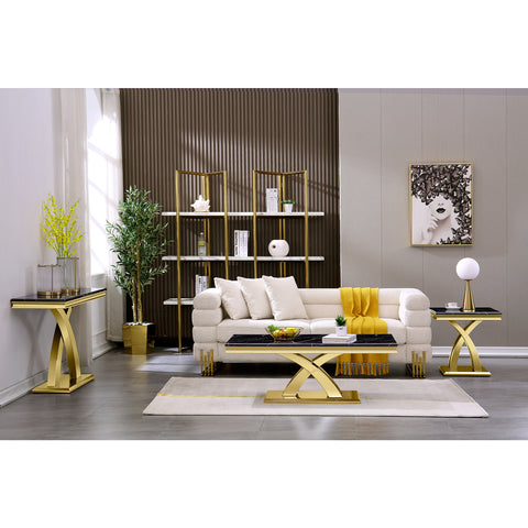 Title: Elevate Your Décor with the Stylish Black Side Table - A Perfect Accent Piece  Introduction: When it comes to interior design, every detail matters, including the choice of furniture. A carefully selected side table can transform any space and add a touch of elegance and functionality. In this blog post, we will explore the benefits of owning a black side table and provide some suggestions on how to beautifully incorporate it into your home.  1. Sophistication and Versatility: The black side table with a double X-base brings a sense of sophistication to any room. Its classic black and gold color scheme effortlessly complements various design styles, from contemporary to traditional. The sleek and elegant appearance of this table makes it a versatile piece that can seamlessly fit into any space, be it a bedroom, living room, or even a reception room.  2. Endless Possibilities: The 21.6''L*21.6''W*22''H dimensions of this side table make it the perfect size for various occasions. Whether you need a bedside table to hold your favorite books or a corner accent table to showcase a unique decor piece, this table offers endless possibilities. Its compact design also makes it an excellent choice for small spaces or apartments where maximizing functionality is crucial.  3. Exceptional Build Quality: Crafted with a stable structure and premium stainless steel material, the black side table is built to withstand daily use. The all stainless steel frame ensures both stability and durability, guaranteeing that this piece will remain a reliable and long-lasting addition to your home. The top, composed of transparent epoxy resin and MDF board, features a black textured finish with marble-like patterns, adding a delicate touch to its overall design.  4. Statement Piece: The unique double X-shaped base of the side table not only provides stability but also serves as a striking focal point in any room. Finished in gold, this standout feature adds an eye-catching effect and exudes a sense of luxury. Owning this sleek black side table will undoubtedly earn you compliments from your friends and make a strong statement about your impeccable taste in interior design.  5. Styling Suggestions: To make the most of your black side table, consider the following styling suggestions:  - Pair it with a modern sofa couch in a neutral color. The black and gold accents of the side table will beautifully contrast with the clean lines and simplicity of the couch. - Place a decorative table lamp on top of the side table to create a cozy atmosphere and provide ambient lighting. - Adorn the table with a small potted plant or a vase of fresh flowers to bring a touch of nature and freshness into the room. - Arrange an art book or a collection of your favorite novels on the lower shelf of the table to showcase your personal interests and add an intellectual flair.  Conclusion: Investing in a black side table with a double X-base is an excellent choice for those seeking to elevate their décor with a touch of sophistication. Its versatile design, exceptional build quality, and striking aesthetics make it an ideal addition to any room. With the right styling and complementary furniture pieces, this black side table has the potential to transform your living space into a haven of elegance and style.