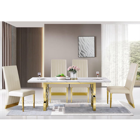 Experience dining in luxurious style with our exquisite dining table set, seamlessly blending modern aesthetics with classic elements. The chairs, set on sleek metal gold legs, feature sumptuous white leather upholstery that offers an impeccable balance of comfort and grandeur. The channel high back design not only provides support but also adds an element of refined architecture to your dining space. Elegantly embellished with gold metal nailhead trim, the chairs exude a regal presence that is both captivating and timeless. The dining table, echoing the opulence of the chairs, boasts a stunning gold metallic finish, with a polished metal frame that gleams under ambient lighting. Its substantial 78-inch rectangular white top promises ample space for lavish spreads and lively dinner conversations. The table's polished geometric legs are not just a strong foundation but also serve as a sculptural statement that enhances the table's visual allure. Together, this dining set stands as an emblem of sophistication, making any meal an affair to remember. The perfect marriage of durability and design, this set will undoubtedly be the centerpiece of your dining area, inviting an air of elegance that echoes through your home.