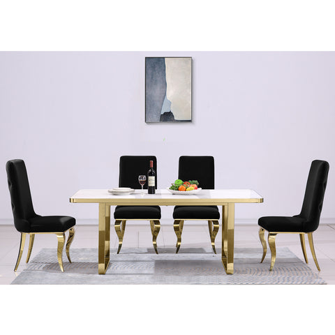 Elevate your dining space with this chic and durable dining set, boasting plush black velvet chairs with elegant mirror gold legs and stylish button-tufted high backs. The accompanying table, with its luxurious 71-inch slate top and striking gold metal U base, offers both sophistication and unwavering stability. This set promises to blend seamlessly into your decor while serving as a magnificent centerpiece for memorable gatherings and daily meals alike.