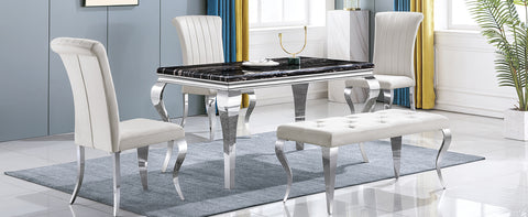Title: Enhance Your Dining Space with AUZ Beige Velvet Dining Room Chairs in Vertical Texture High Back  Introduction: When it comes to designing your dining space, finding the perfect combination of style, comfort, and durability is essential. AUZ presents its Beige Velvet Dining Room Chairs in Vertical Texture High Back, upholstered with silver mirrored stainless steel legs. This stylishly designed chair not only adds a touch of sophistication to your dining area but also provides a comfortable seating experience. Let's delve deeper into the features that make these chairs an excellent choice for your dining room.  Stylish Design: The AUZ Beige Velvet Dining Room Chairs captivate attention with their impressive design. The combination of beige velvet upholstery and silver metal legs creates a visually striking appearance. The vertical texture and curled backrest add a strong sense of dimension and elegance to the chairs. With their sleek and modern design, these chairs seamlessly blend into any contemporary dining space.  Velvet Upholstery for Comfort: One of the standout features of these dining chairs is the soft cushion made of high-quality velvet and a gentle sponge. This upholstery ensures utmost comfort and support while you enjoy your meals. The plush velvet texture adds a touch of luxury to the dining experience, making it even more enjoyable.  Polished Metal Legs: Built to last, the AUZ Beige Velvet Dining Room Chairs feature exquisite cabriole front legs and slightly bent backward rear legs made of silver mirrored stainless steel. These polished metal legs not only add to the chair's elegance but also provide sturdy support. Their durable construction ensures that these chairs will withstand regular use.  Kitchen & Dining Room Chairs: The AUZ Beige Velvet Dining Room Chairs have a weight capacity of 550 LB, making them suitable for various body types. Whether you're hosting a small gathering or a large dinner party, these chairs can accommodate all your guests' needs. Their modern style and sophisticated design elevate the overall aesthetic of your dining space.  A Perfect Match: To complete the harmonious look, AUZ also offers matching dining room benches in the same style as the dining chairs. This cohesive set ensures that your dining area is visually appealing and cohesive in design. By combining the AUZ Beige Velvet Dining Room Chairs and benches, you create a truly captivating and stylish atmosphere.  Conclusion: If you're seeking dining chairs that are not only visually stunning but also provide optimal comfort and durability, the AUZ Beige Velvet Dining Room Chairs in Vertical Texture High Back are an ideal choice. With their stylish design, velvet upholstery, and polished metal legs, these chairs elevate any dining space, adding a touch of sophistication. Additionally, the matching benches further enhance the overall aesthetic appeal of your dining area. Make a statement in style with AUZ dining chairs and create a dining experience that is both comfortable and visually impressive.