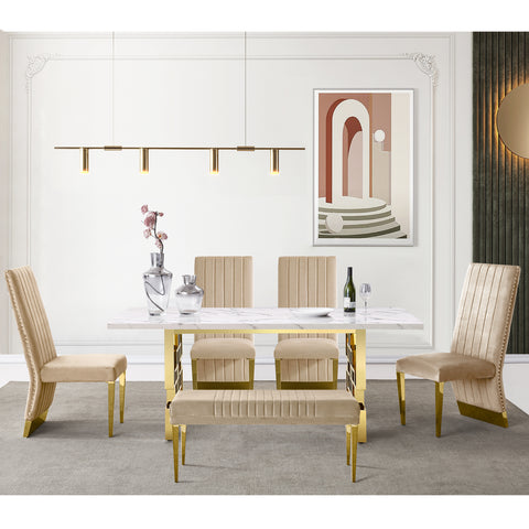 Elevate your dining experience with AUZ luxurious dining table set blending golden glamour and comfort. The chairs are adorned with metal gold legs and cloaked in lovely velvet, providing a soft, sumptuous seating experience. The channel high back design offers an embracing contour, and the sophisticated gold metal nailhead trim adds a dash of timeless elegance. The dining table, with its commanding 78-inch rectangular white top, boasts a lavish gold metallic finish that radiates a warm, inviting glow. Crafted with a gold polished metal frame and complemented by uniquely designed polished metal geometric table legs, the table mirrors the opulence of the chairs and stands as a sturdy, stylish foundation for fine dining. As a complete set, these pieces create an atmosphere of refined taste and chic style, turning your dining room into an enclave of luxury perfect for creating memorable moments and hosting exquisite feasts.