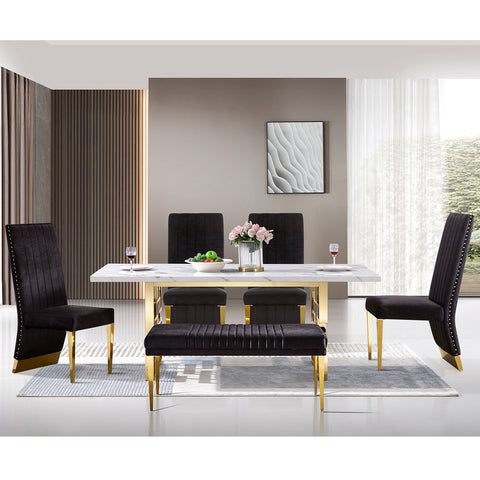 Indulge in the epitome of opulence with our exquisite dining table set, where luxury and striking design come together to create a focal point for your home. The chairs are a masterpiece of comfort, with plush black tufted velvet upholstery that invites you to relax, and the gold metal legs add a touch of regal charm. The channel high back design paired with the gold metal nailhead trim exudes sophistication and provides an impressive backdrop to your dining experiences. The grandeur continues with the dining table, which features a stunning 78-inch rectangular white top that offers ample space for gatherings and culinary delights. The gold metallic finish on the polished metal frame adds warmth and splendor, while the polished metal geometric legs present a modern twist that beautifully underlines the elegance of the design. Together, this dining set is not just a collection of pieces but a harmonious blend of art and functionality, destined to enhance the dining experience and to encapsulate the essence of luxurious living. Whether it's for lavish dinner parties or intimate family meals, this dining set will shine as the centerpiece of your dining area.