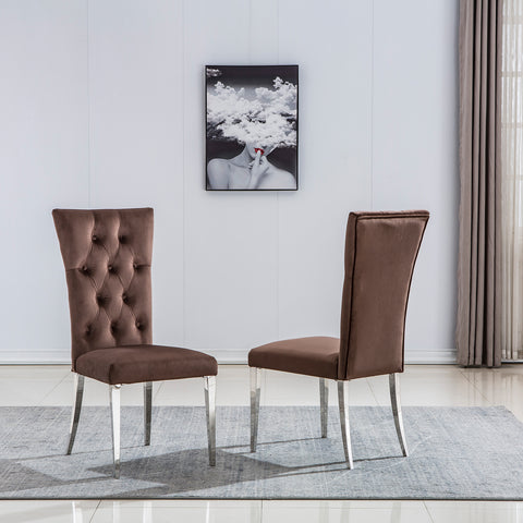 Title: Enhance Your Dining Experience with Brown Velvet Upholstered Chairs Introduction: When it comes to creating an inviting and stylish dining space, choosing the right furniture is essential. Brown velvet upholstered dining room chairs with deep buttons tufted back and silver mirror stainless steel legs are a perfect choice that combines elegance with comfort. In this blog post, we will explore the benefits of these exquisite chairs and how they can elevate your dining area. 1. The Beauty of Brown Velvet: The brown velvet upholstery of these dining room chairs adds a touch of sophistication and luxury to any dining space. The rich and deep color creates an inviting ambiance, making your dining experience truly memorable. Additionally, velvet is known for its soft and plush texture, providing an unparalleled level of comfort while you enjoy your meals. 2. High Backrest for Extra Comfort: One of the standout features of these chairs is their high backrest with deep-button tufted decoration. This design element not only adds a stylish and elegant touch but also ensures optimum comfort and support. The tall backrest allows you to sit back and relax, providing proper lumbar support and minimizing discomfort during long meals or gatherings. 3. Spacious Seat Dimensions: The brown velvet upholstered dining chairs are designed with generous seat dimensions. With a width of 19.3" and depth of 21.3", these chairs offer ample space to accommodate individuals of various sizes comfortably. Whether you are enjoying a casual breakfast or hosting a formal dinner, these spacious seats ensure everyone can relax and enjoy their meal without feeling constrained. 4. Stunning Silver Mirror Stainless Steel Legs: The metallic silver mirror finish of the stainless steel legs adds a modern and glamorous touch to the overall design of the chairs. These polished legs create a reflective surface that complements the surrounding decor beautifully, especially when lit by ambient lighting. The interplay of light and metal adds a sophisticated flair, making these chairs a focal point in your dining area. Conclusion: Investing in brown velvet upholstered dining room chairs with deep buttons tufted back and silver mirror stainless steel legs is a surefire way to elevate the aesthetics and comfort of your dining area. These chairs not only offer luxurious seating but also enhance the overall ambiance with their elegant design elements. Be prepared to impress your guests and make every meal a truly remarkable experience with these exquisite chairs.