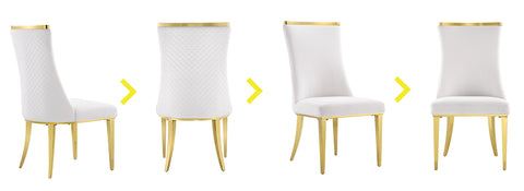 Title: Enhance Your Dining Experience with White Gold Velvet Dining Chairs  Introduction: Transform your dining space into a luxurious haven with the White Gold Velvet Dining Chairs. These chic chairs boast a combination of white gloss velvet upholstery and gold mirror metal legs, creating a stylish and futuristic look. With their unique backrest design and comfortable structure, these chairs not only elevate the aesthetics of your dining area but also offer a cozy and inviting seating experience.  Benefits of White Gold Velvet Dining Chairs:  1. Sophisticated and Modern Design: The white gloss velvet upholstery paired with the gold mirror metal legs gives these chairs a sleek and sophisticated appearance. The metallic texture adds a touch of elegance and modernity, making your dining space appear more spacious and brighter.  2. Eye-Catching Backrest Design: The diamond-shaped texture and gold top decorated back of these chairs serve as an artistic focal point in your room. This unique design element attracts attention and adds visual interest, creating a captivating ambiance for your dining area.  3. Comfort and Durability: The dining chairs feature a stable stainless steel frame, ensuring durability and long-lasting performance. The high-quality sponge filling provides optimal comfort and support, allowing you and your guests to relax and enjoy your meals to the fullest. With a weight capacity of 550 lbs, these chairs are sturdy and suitable for various body types.  Matching Suggestions:  1. Elegant and Glamorous: The white gold velvet dining chairs effortlessly exude elegance and glamour. Pair them with a sleek and glossy white dining table to create a sophisticated and refined look. Incorporate gold accents through accessories, such as tableware or a chandelier, to enhance the luxurious ambiance further.  2. Monochrome Harmony: Achieve a harmonious and cohesive dining space by pairing the white gold velvet chairs with a white or light-colored table. This monochromatic combination creates an airy and clean aesthetic, allowing the chairs to take center stage.  3. pops of Color: Add a pop of color to your dining area by introducing vibrant accent pieces, such as colorful artwork, patterned curtains, or vibrant upholstery for other furniture. The white gold velvet chairs act as a neutral base, allowing the colorful elements to stand out and create a dynamic and lively atmosphere.  Conclusion:  The White Gold Velvet Dining Chairs offer a perfect blend of style, comfort, and elegance. With their white gloss velvet upholstery, gold mirror metal legs, and eye-catching backrest design, these chairs serve as art pieces in your dining area. Their comfortable structure and durable construction ensure a delightful dining experience for you and your guests. Whether you prefer an elegant and glamorous look or a harmonious and colorful ambiance, these chairs will effortlessly elevate your dining space to new levels of sophistication. Embrace the luxurious charm of the White Gold Velvet Dining Chairs and enjoy memorable meals in style.