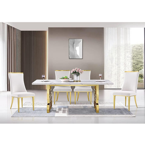 Indulge in the ultimate dining elegance with our chic dining table set, where timeless design meets contemporary luxury. The chairs, with their plush white velvet upholstery, provide a soft, opulent touch that promises both comfort and sophistication. The polished gold metal legs and gold top metal decoration at the back of each chair reflect a meticulous attention to detail, while the hand-stitched diamond-patterned backrest infuses a bespoke quality rarely seen. Complementing the sumptuous chairs, the dining table stands out with its lustrous gold metallic finish, exuding a warm, inviting atmosphere. The 78-inch white top offers a spacious canvas for your culinary presentations, harmonizing beautifully with the gleaming polished gold frame beneath. The table's geometrically inspired metal legs are a true conversation starter, adding an artistic flair to both stability and style. As a combined set, the luscious velvet, the glimmering gold accents, and the sharp clean lines come together in a symphony of elegance, ready to transform any dining space into a luxurious haven for intimate dinners, festive gatherings, and everything in between.