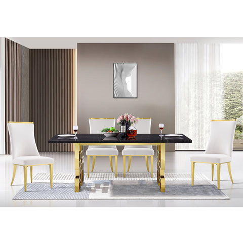 Presenting a dining set that captures the essence of modern sophistication with a sprinkle of classic elegance, perfect for those who appreciate the finer things in life. The dining chairs are a sanctuary of comfort with their white velvet upholstery that is both luxurious to the touch and pleasing to the eye. They sit on polished gold metal legs that provide a gorgeous contrast and hint at the high-end quality of this set. The gold top metal decorated back of each chair adds a decorative flourish, while the hand-stitched diamond backrest offers both exquisite detail and superior comfort. The table, in harmony with the chairs, features a gold metallic finish that glimmers with an understated luster. The 78-inch rectangular white top accommodates a generous spread, making it ideal for dinner parties and family meals alike. A gold polished metal frame supports the tabletop, ensuring durability and stability. The polished metal geometric table legs are not just strong, but also make a stylish, contemporary statement with their eye-catching design. Together, the chairs and table create an enchanting dining set that's bound to become the centerpiece of any dining space, promising memorable moments around meals both grand and intimate.