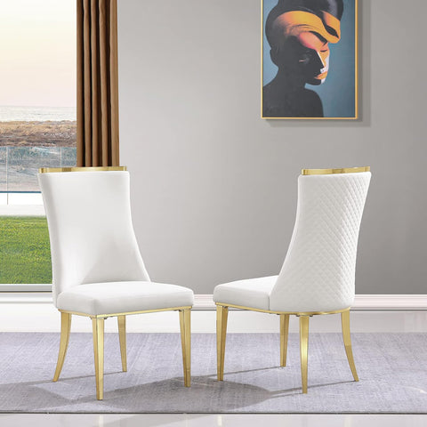 Title: Enhance Your Dining Experience with White Gold Velvet Dining Chairs  Introduction: Transform your dining space into a luxurious haven with the White Gold Velvet Dining Chairs. These chic chairs boast a combination of white gloss velvet upholstery and gold mirror metal legs, creating a stylish and futuristic look. With their unique backrest design and comfortable structure, these chairs not only elevate the aesthetics of your dining area but also offer a cozy and inviting seating experience.  Benefits of White Gold Velvet Dining Chairs:  1. Sophisticated and Modern Design: The white gloss velvet upholstery paired with the gold mirror metal legs gives these chairs a sleek and sophisticated appearance. The metallic texture adds a touch of elegance and modernity, making your dining space appear more spacious and brighter.  2. Eye-Catching Backrest Design: The diamond-shaped texture and gold top decorated back of these chairs serve as an artistic focal point in your room. This unique design element attracts attention and adds visual interest, creating a captivating ambiance for your dining area.  3. Comfort and Durability: The dining chairs feature a stable stainless steel frame, ensuring durability and long-lasting performance. The high-quality sponge filling provides optimal comfort and support, allowing you and your guests to relax and enjoy your meals to the fullest. With a weight capacity of 550 lbs, these chairs are sturdy and suitable for various body types.  Matching Suggestions:  1. Elegant and Glamorous: The white gold velvet dining chairs effortlessly exude elegance and glamour. Pair them with a sleek and glossy white dining table to create a sophisticated and refined look. Incorporate gold accents through accessories, such as tableware or a chandelier, to enhance the luxurious ambiance further.  2. Monochrome Harmony: Achieve a harmonious and cohesive dining space by pairing the white gold velvet chairs with a white or light-colored table. This monochromatic combination creates an airy and clean aesthetic, allowing the chairs to take center stage.  3. pops of Color: Add a pop of color to your dining area by introducing vibrant accent pieces, such as colorful artwork, patterned curtains, or vibrant upholstery for other furniture. The white gold velvet chairs act as a neutral base, allowing the colorful elements to stand out and create a dynamic and lively atmosphere.  Conclusion:  The White Gold Velvet Dining Chairs offer a perfect blend of style, comfort, and elegance. With their white gloss velvet upholstery, gold mirror metal legs, and eye-catching backrest design, these chairs serve as art pieces in your dining area. Their comfortable structure and durable construction ensure a delightful dining experience for you and your guests. Whether you prefer an elegant and glamorous look or a harmonious and colorful ambiance, these chairs will effortlessly elevate your dining space to new levels of sophistication. Embrace the luxurious charm of the White Gold Velvet Dining Chairs and enjoy memorable meals in style.