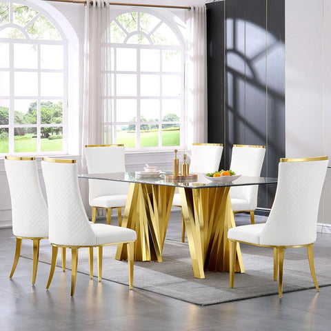 Title: Enhance Your Dining Experience with White Gold Velvet Dining Chairs  Introduction: Transform your dining space into a luxurious haven with the White Gold Velvet Dining Chairs. These chic chairs boast a combination of white gloss velvet upholstery and gold mirror metal legs, creating a stylish and futuristic look. With their unique backrest design and comfortable structure, these chairs not only elevate the aesthetics of your dining area but also offer a cozy and inviting seating experience.  Benefits of White Gold Velvet Dining Chairs:  1. Sophisticated and Modern Design: The white gloss velvet upholstery paired with the gold mirror metal legs gives these chairs a sleek and sophisticated appearance. The metallic texture adds a touch of elegance and modernity, making your dining space appear more spacious and brighter.  2. Eye-Catching Backrest Design: The diamond-shaped texture and gold top decorated back of these chairs serve as an artistic focal point in your room. This unique design element attracts attention and adds visual interest, creating a captivating ambiance for your dining area.  3. Comfort and Durability: The dining chairs feature a stable stainless steel frame, ensuring durability and long-lasting performance. The high-quality sponge filling provides optimal comfort and support, allowing you and your guests to relax and enjoy your meals to the fullest. With a weight capacity of 550 lbs, these chairs are sturdy and suitable for various body types.  Matching Suggestions:  1. Elegant and Glamorous: The white gold velvet dining chairs effortlessly exude elegance and glamour. Pair them with a sleek and glossy white dining table to create a sophisticated and refined look. Incorporate gold accents through accessories, such as tableware or a chandelier, to enhance the luxurious ambiance further.  2. Monochrome Harmony: Achieve a harmonious and cohesive dining space by pairing the white gold velvet chairs with a white or light-colored table. This monochromatic combination creates an airy and clean aesthetic, allowing the chairs to take center stage.  3. pops of Color: Add a pop of color to your dining area by introducing vibrant accent pieces, such as colorful artwork, patterned curtains, or vibrant upholstery for other furniture. The white gold velvet chairs act as a neutral base, allowing the colorful elements to stand out and create a dynamic and lively atmosphere.  Conclusion:  The White Gold Velvet Dining Chairs offer a perfect blend of style, comfort, and elegance. With their white gloss velvet upholstery, gold mirror metal legs, and eye-catching backrest design, these chairs serve as art pieces in your dining area. Their comfortable structure and durable construction ensure a delightful dining experience for you and your guests. Whether you prefer an elegant and glamorous look or a harmonious and colorful ambiance, these chairs will effortlessly elevate your dining space to new levels of sophistication. Embrace the luxurious charm of the White Gold Velvet Dining Chairs and enjoy memorable meals in style.