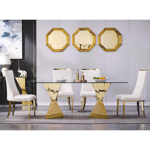 Title: Enhance Your Dining Experience with White Gold Velvet Dining Chairs  Introduction: Transform your dining space into a luxurious haven with the White Gold Velvet Dining Chairs. These chic chairs boast a combination of white gloss velvet upholstery and gold mirror metal legs, creating a stylish and futuristic look. With their unique backrest design and comfortable structure, these chairs not only elevate the aesthetics of your dining area but also offer a cozy and inviting seating experience.  Benefits of White Gold Velvet Dining Chairs:  1. Sophisticated and Modern Design: The white gloss velvet upholstery paired with the gold mirror metal legs gives these chairs a sleek and sophisticated appearance. The metallic texture adds a touch of elegance and modernity, making your dining space appear more spacious and brighter.  2. Eye-Catching Backrest Design: The diamond-shaped texture and gold top decorated back of these chairs serve as an artistic focal point in your room. This unique design element attracts attention and adds visual interest, creating a captivating ambiance for your dining area.  3. Comfort and Durability: The dining chairs feature a stable stainless steel frame, ensuring durability and long-lasting performance. The high-quality sponge filling provides optimal comfort and support, allowing you and your guests to relax and enjoy your meals to the fullest. With a weight capacity of 550 lbs, these chairs are sturdy and suitable for various body types.  Matching Suggestions:  1. Elegant and Glamorous: The white gold velvet dining chairs effortlessly exude elegance and glamour. Pair them with a sleek and glossy white dining table to create a sophisticated and refined look. Incorporate gold accents through accessories, such as tableware or a chandelier, to enhance the luxurious ambiance further.  2. Monochrome Harmony: Achieve a harmonious and cohesive dining space by pairing the white gold velvet chairs with a white or light-colored table. This monochromatic combination creates an airy and clean aesthetic, allowing the chairs to take center stage.  3. pops of Color: Add a pop of color to your dining area by introducing vibrant accent pieces, such as colorful artwork, patterned curtains, or vibrant upholstery for other furniture. The white gold velvet chairs act as a neutral base, allowing the colorful elements to stand out and create a dynamic and lively atmosphere.  Conclusion:  The White Gold Velvet Dining Chairs offer a perfect blend of style, comfort, and elegance. With their white gloss velvet upholstery, gold mirror metal legs, and eye-catching backrest design, these chairs serve as art pieces in your dining area. Their comfortable structure and durable construction ensure a delightful dining experience for you and your guests. Whether you prefer an elegant and glamorous look or a harmonious and colorful ambiance, these chairs will effortlessly elevate your dining space to new levels of sophistication. Embrace the luxurious charm of the White Gold Velvet Dining Chairs and enjoy memorable meals in style.