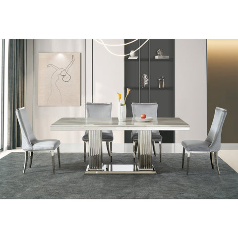 Title: Elevate Your Dining Space with Light Grey Velvet Dining Chairs  Introduction: Adding a touch of elegance and sophistication to your dining space is now possible with the Light Grey Velvet Dining Chairs. These stylish chairs boast a combination of silver grey gloss velvet upholstery and silver mirror metal legs, creating a modern and futuristic aesthetic. Not only do they enhance the visual appeal of your dining area, but they also provide ample comfort and support for a truly enjoyable dining experience.  Benefits of Light Grey Velvet Dining Chairs:  1. Stylish and Contemporary Design: The silver grey gloss velvet upholstery combined with the silver mirror metal legs gives these chairs a sleek and sophisticated look. This modern and future-oriented design creates a sense of openness, making your dining space appear bigger and brighter.  2. Eye-Catching Backrest Design: The unique diamond-shaped texture and the silver top decorated back of these chairs make them a captivating artwork in your room. The intricate detailing not only adds visual interest but also serves as a focal point, attracting the attention of your guests.  3. Comfort and Durability: The dining chairs feature a stable stainless steel frame, ensuring durability and longevity. The high-quality sponge filling provides a comfortable seating experience, allowing you and your guests to relax and enjoy your meals without any discomfort. With a weight capacity of 550 lbs, these chairs are sturdy and suitable for various body types.  Matching Suggestions:  1. Neutral and Versatile: The light grey velvet upholstery of these dining chairs allows for effortless integration into various interior styles. Whether your dining space follows a contemporary, modern, or even minimalist aesthetic, these chairs will seamlessly blend in and complement your existing decor.  2. Monochromatic Elegance: Create a sophisticated and cohesive look by pairing the light grey velvet dining chairs with a sleek and minimalist dining table in silver or white. This monochromatic color scheme gives your dining space a timeless and elegant appeal.  3. Bold Accents: If you prefer a more eclectic and vibrant dining area, consider adding bold accents through accessories or other furniture pieces. For example, pairing the light grey velvet chairs with a vibrant colored table or bold patterned curtains can create a visually striking and unique dining space.  Conclusion:  The Light Grey Velvet Dining Chairs offer both style and comfort, elevating your dining space to new heights. With their silver grey gloss velvet upholstery, silver mirror metal legs, and eye-catching backrest design, these chairs serve as an artwork in your room while providing a comfortable seating experience. Whether your interior style is contemporary, modern, or eclectic, these chairs seamlessly blend in and add a touch of elegance. Invest in the Light Grey Velvet Dining Chairs to transform your dining space into a sophisticated and inviting area for memorable meals and gatherings.