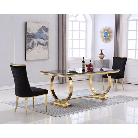 Title: Elevate Your Dining Space with Black Velvet Dining Chairs and Gold Stainless Steel Legs  Introduction: Transform your dining room into a lavish and stylish haven with the Black Velvet Dining Chairs featuring intricate reticulate texture backs and elegant gold stainless steel legs. These chairs exude luxurious elegance, combining plush black velvet upholstery with polished gold metal accents. With their attention-grabbing design and unparalleled comfort, these chairs are the perfect addition to elevate your dining experience.  Benefits of Black Velvet Dining Chairs with Gold Stainless Steel Legs:  1. Sophisticated and Luxurious Design: The black velvet upholstery of these dining chairs adds a touch of extravagance and sophistication to your dining space. The plush texture creates a sense of opulence, while the gold stainless steel legs provide a glamorous and modern aesthetic.  2. Eye-Catching Reticulate Texture Backrest: The intricate diamond texture backrest design of these chairs adds a unique and stylish element. The captivating visual appeal of the backrest enhances the overall aesthetic of your dining area, making these chairs a focal point in any room.  3. Sturdy and Durable Construction: Crafted with high-quality materials, these dining chairs are built to last. The gold stainless steel legs not only provide sturdy support but also resist scratches and maintain their shine over time. The heavy-duty construction ensures long-lasting performance, making these chairs suitable for everyday use or special occasions.  4. Unparalleled Comfort: Indulge in ultimate dining comfort with these upholstered seats. The black velvet upholstery provides a plush cushioning, while the ergonomic design offers excellent support for your back. Whether you're hosting a dinner party or enjoying a family meal, these chairs guarantee a comfortable seating experience for everyone.  Matching Suggestions:  1. Contemporary Elegance: Pair the black velvet dining chairs with a sleek and minimalist black or glass dining table. This monochromatic combination creates a modern and sophisticated look. Accentuate the gold accents of the chairs by incorporating gold metal tableware or a statement chandelier.  2. Bold Contrast: Create a striking contrast by pairing these black velvet chairs with a white or light-colored dining table. The black upholstery and gold metal legs will stand out in the room, creating a visually captivating and dramatic effect. Add further contrast with black and gold table decor or accessories.  3. Luxurious Eclecticism: Embrace a luxurious and eclectic style by mixing different textures and materials. Pair these black velvet chairs with a rustic wooden dining table or a marble tabletop. This combination creates a dynamic and vibrant ambiance, balancing the elegance of the chairs with organic elements.  Conclusion: The Black Velvet Dining Chairs with gold stainless steel legs offer a perfect blend of elegance and comfort for your dining space. The luxurious black velvet upholstery, coupled with the attention-grabbing reticulate texture backrests and gold metal accents, creates a sophisticated and stylish ambiance. With their sturdy construction and plush cushioning, these chairs guarantee unparalleled comfort during your meals. Whether you prefer a contemporary, contrasting, or eclectic style, these chairs will elevate your dining experience and make a bold statement in your dining room. Embrace luxury and style with the Black Velvet Dining Chairs and create memorable dining moments in unparalleled comfort.