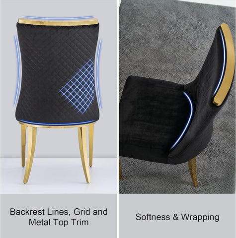 Title: Elevate Your Dining Space with Black Velvet Dining Chairs and Gold Stainless Steel Legs  Introduction: Transform your dining room into a lavish and stylish haven with the Black Velvet Dining Chairs featuring intricate reticulate texture backs and elegant gold stainless steel legs. These chairs exude luxurious elegance, combining plush black velvet upholstery with polished gold metal accents. With their attention-grabbing design and unparalleled comfort, these chairs are the perfect addition to elevate your dining experience.  Benefits of Black Velvet Dining Chairs with Gold Stainless Steel Legs:  1. Sophisticated and Luxurious Design: The black velvet upholstery of these dining chairs adds a touch of extravagance and sophistication to your dining space. The plush texture creates a sense of opulence, while the gold stainless steel legs provide a glamorous and modern aesthetic.  2. Eye-Catching Reticulate Texture Backrest: The intricate diamond texture backrest design of these chairs adds a unique and stylish element. The captivating visual appeal of the backrest enhances the overall aesthetic of your dining area, making these chairs a focal point in any room.  3. Sturdy and Durable Construction: Crafted with high-quality materials, these dining chairs are built to last. The gold stainless steel legs not only provide sturdy support but also resist scratches and maintain their shine over time. The heavy-duty construction ensures long-lasting performance, making these chairs suitable for everyday use or special occasions.  4. Unparalleled Comfort: Indulge in ultimate dining comfort with these upholstered seats. The black velvet upholstery provides a plush cushioning, while the ergonomic design offers excellent support for your back. Whether you're hosting a dinner party or enjoying a family meal, these chairs guarantee a comfortable seating experience for everyone.  Matching Suggestions:  1. Contemporary Elegance: Pair the black velvet dining chairs with a sleek and minimalist black or glass dining table. This monochromatic combination creates a modern and sophisticated look. Accentuate the gold accents of the chairs by incorporating gold metal tableware or a statement chandelier.  2. Bold Contrast: Create a striking contrast by pairing these black velvet chairs with a white or light-colored dining table. The black upholstery and gold metal legs will stand out in the room, creating a visually captivating and dramatic effect. Add further contrast with black and gold table decor or accessories.  3. Luxurious Eclecticism: Embrace a luxurious and eclectic style by mixing different textures and materials. Pair these black velvet chairs with a rustic wooden dining table or a marble tabletop. This combination creates a dynamic and vibrant ambiance, balancing the elegance of the chairs with organic elements.  Conclusion: The Black Velvet Dining Chairs with gold stainless steel legs offer a perfect blend of elegance and comfort for your dining space. The luxurious black velvet upholstery, coupled with the attention-grabbing reticulate texture backrests and gold metal accents, creates a sophisticated and stylish ambiance. With their sturdy construction and plush cushioning, these chairs guarantee unparalleled comfort during your meals. Whether you prefer a contemporary, contrasting, or eclectic style, these chairs will elevate your dining experience and make a bold statement in your dining room. Embrace luxury and style with the Black Velvet Dining Chairs and create memorable dining moments in unparalleled comfort.