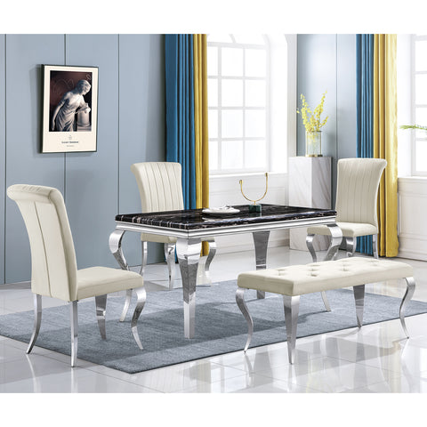 Title: Enhance Your Dining Space with AUZ Beige Velvet Dining Room Chairs in Vertical Texture High Back  Introduction: When it comes to designing your dining space, finding the perfect combination of style, comfort, and durability is essential. AUZ presents its Beige Velvet Dining Room Chairs in Vertical Texture High Back, upholstered with silver mirrored stainless steel legs. This stylishly designed chair not only adds a touch of sophistication to your dining area but also provides a comfortable seating experience. Let's delve deeper into the features that make these chairs an excellent choice for your dining room.  Stylish Design: The AUZ Beige Velvet Dining Room Chairs captivate attention with their impressive design. The combination of beige velvet upholstery and silver metal legs creates a visually striking appearance. The vertical texture and curled backrest add a strong sense of dimension and elegance to the chairs. With their sleek and modern design, these chairs seamlessly blend into any contemporary dining space.  Velvet Upholstery for Comfort: One of the standout features of these dining chairs is the soft cushion made of high-quality velvet and a gentle sponge. This upholstery ensures utmost comfort and support while you enjoy your meals. The plush velvet texture adds a touch of luxury to the dining experience, making it even more enjoyable.  Polished Metal Legs: Built to last, the AUZ Beige Velvet Dining Room Chairs feature exquisite cabriole front legs and slightly bent backward rear legs made of silver mirrored stainless steel. These polished metal legs not only add to the chair's elegance but also provide sturdy support. Their durable construction ensures that these chairs will withstand regular use.  Kitchen & Dining Room Chairs: The AUZ Beige Velvet Dining Room Chairs have a weight capacity of 550 LB, making them suitable for various body types. Whether you're hosting a small gathering or a large dinner party, these chairs can accommodate all your guests' needs. Their modern style and sophisticated design elevate the overall aesthetic of your dining space.  A Perfect Match: To complete the harmonious look, AUZ also offers matching dining room benches in the same style as the dining chairs. This cohesive set ensures that your dining area is visually appealing and cohesive in design. By combining the AUZ Beige Velvet Dining Room Chairs and benches, you create a truly captivating and stylish atmosphere.  Conclusion: If you're seeking dining chairs that are not only visually stunning but also provide optimal comfort and durability, the AUZ Beige Velvet Dining Room Chairs in Vertical Texture High Back are an ideal choice. With their stylish design, velvet upholstery, and polished metal legs, these chairs elevate any dining space, adding a touch of sophistication. Additionally, the matching benches further enhance the overall aesthetic appeal of your dining area. Make a statement in style with AUZ dining chairs and create a dining experience that is both comfortable and visually impressive.