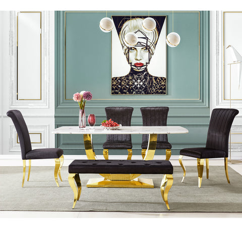 Elevate Your Dining Space with AUZ Black Velvet Dining Chairs and Gold Mirrored Legs  Upgrade your dining experience with AUZ Black Velvet Dining Chairs. Discover the perfect combination of modern luxury and exquisite style in these stunning chairs that effortlessly transform any dining space.  Luxurious Design: AUZ Black Velvet Dining Chairs feature a sleek and glamorous design. The black velvet upholstery paired with gold mirrored stainless steel legs creates an atmosphere of sophistication and calm. This combination of colors and textures adds a touch of elegance to your dining room.  Comfortable Seating: Sink into the softness of these chairs' plush velvet upholstery. The vertical texture and curved backrest not only make a visual statement but also provide exceptional comfort and support. With AUZ Black Velvet Dining Chairs, you can enjoy long hours of dining or entertaining in utmost comfort.  Durable Construction: Crafted with precision and attention to detail, these chairs boast exquisite cabriole front legs and slightly bent backward rear legs made of gold mirrored stainless steel. The polished metal legs not only enhance the chair's elegance but also ensure durability and stability.  Versatile Style: The AUZ Black Velvet Dining Chairs effortlessly blend with various decor styles, making them a versatile choice for any dining space. Whether your interior design is modern or traditional, these chairs will seamlessly complement your existing decor, creating a cohesive and visually stunning atmosphere.  Perfect for Entertaining: With a weight capacity of 550 LB, these chairs are designed to accommodate your guests comfortably. Whether you're hosting a formal dinner party or enjoying everyday meals with your family, AUZ Black Velvet Dining Chairs will elevate every dining experience.  Conclusion: Elevate your dining space with AUZ Black Velvet Dining Chairs and their gold mirrored stainless steel legs. The luxurious design, comfortable seating, and durable construction make these chairs the epitome of modern elegance. Whether you're hosting a lavish dinner party or simply enjoying meals with your loved ones, AUZ Black Velvet Dining Chairs will enhance your dining experience and impress your guests. Upgrade your dining space today and indulge in the perfect combination of style and comfort.