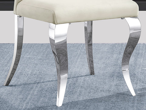 Title: Enhance Your Dining Space with AUZ Beige Velvet Dining Room Chairs in Vertical Texture High Back  Introduction: When it comes to designing your dining space, finding the perfect combination of style, comfort, and durability is essential. AUZ presents its Beige Velvet Dining Room Chairs in Vertical Texture High Back, upholstered with silver mirrored stainless steel legs. This stylishly designed chair not only adds a touch of sophistication to your dining area but also provides a comfortable seating experience. Let's delve deeper into the features that make these chairs an excellent choice for your dining room.  Stylish Design: The AUZ Beige Velvet Dining Room Chairs captivate attention with their impressive design. The combination of beige velvet upholstery and silver metal legs creates a visually striking appearance. The vertical texture and curled backrest add a strong sense of dimension and elegance to the chairs. With their sleek and modern design, these chairs seamlessly blend into any contemporary dining space.  Velvet Upholstery for Comfort: One of the standout features of these dining chairs is the soft cushion made of high-quality velvet and a gentle sponge. This upholstery ensures utmost comfort and support while you enjoy your meals. The plush velvet texture adds a touch of luxury to the dining experience, making it even more enjoyable.  Polished Metal Legs: Built to last, the AUZ Beige Velvet Dining Room Chairs feature exquisite cabriole front legs and slightly bent backward rear legs made of silver mirrored stainless steel. These polished metal legs not only add to the chair's elegance but also provide sturdy support. Their durable construction ensures that these chairs will withstand regular use.  Kitchen & Dining Room Chairs: The AUZ Beige Velvet Dining Room Chairs have a weight capacity of 550 LB, making them suitable for various body types. Whether you're hosting a small gathering or a large dinner party, these chairs can accommodate all your guests' needs. Their modern style and sophisticated design elevate the overall aesthetic of your dining space.  A Perfect Match: To complete the harmonious look, AUZ also offers matching dining room benches in the same style as the dining chairs. This cohesive set ensures that your dining area is visually appealing and cohesive in design. By combining the AUZ Beige Velvet Dining Room Chairs and benches, you create a truly captivating and stylish atmosphere.  Conclusion: If you're seeking dining chairs that are not only visually stunning but also provide optimal comfort and durability, the AUZ Beige Velvet Dining Room Chairs in Vertical Texture High Back are an ideal choice. With their stylish design, velvet upholstery, and polished metal legs, these chairs elevate any dining space, adding a touch of sophistication. Additionally, the matching benches further enhance the overall aesthetic appeal of your dining area. Make a statement in style with AUZ dining chairs and create a dining experience that is both comfortable and visually impressive.