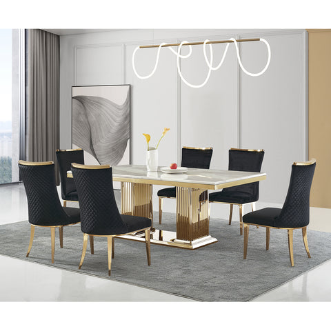 Title: Elevate Your Dining Space with Black Velvet Dining Chairs and Gold Stainless Steel Legs  Introduction: Transform your dining room into a lavish and stylish haven with the Black Velvet Dining Chairs featuring intricate reticulate texture backs and elegant gold stainless steel legs. These chairs exude luxurious elegance, combining plush black velvet upholstery with polished gold metal accents. With their attention-grabbing design and unparalleled comfort, these chairs are the perfect addition to elevate your dining experience.  Benefits of Black Velvet Dining Chairs with Gold Stainless Steel Legs:  1. Sophisticated and Luxurious Design: The black velvet upholstery of these dining chairs adds a touch of extravagance and sophistication to your dining space. The plush texture creates a sense of opulence, while the gold stainless steel legs provide a glamorous and modern aesthetic.  2. Eye-Catching Reticulate Texture Backrest: The intricate diamond texture backrest design of these chairs adds a unique and stylish element. The captivating visual appeal of the backrest enhances the overall aesthetic of your dining area, making these chairs a focal point in any room.  3. Sturdy and Durable Construction: Crafted with high-quality materials, these dining chairs are built to last. The gold stainless steel legs not only provide sturdy support but also resist scratches and maintain their shine over time. The heavy-duty construction ensures long-lasting performance, making these chairs suitable for everyday use or special occasions.  4. Unparalleled Comfort: Indulge in ultimate dining comfort with these upholstered seats. The black velvet upholstery provides a plush cushioning, while the ergonomic design offers excellent support for your back. Whether you're hosting a dinner party or enjoying a family meal, these chairs guarantee a comfortable seating experience for everyone.  Matching Suggestions:  1. Contemporary Elegance: Pair the black velvet dining chairs with a sleek and minimalist black or glass dining table. This monochromatic combination creates a modern and sophisticated look. Accentuate the gold accents of the chairs by incorporating gold metal tableware or a statement chandelier.  2. Bold Contrast: Create a striking contrast by pairing these black velvet chairs with a white or light-colored dining table. The black upholstery and gold metal legs will stand out in the room, creating a visually captivating and dramatic effect. Add further contrast with black and gold table decor or accessories.  3. Luxurious Eclecticism: Embrace a luxurious and eclectic style by mixing different textures and materials. Pair these black velvet chairs with a rustic wooden dining table or a marble tabletop. This combination creates a dynamic and vibrant ambiance, balancing the elegance of the chairs with organic elements.  Conclusion: The Black Velvet Dining Chairs with gold stainless steel legs offer a perfect blend of elegance and comfort for your dining space. The luxurious black velvet upholstery, coupled with the attention-grabbing reticulate texture backrests and gold metal accents, creates a sophisticated and stylish ambiance. With their sturdy construction and plush cushioning, these chairs guarantee unparalleled comfort during your meals. Whether you prefer a contemporary, contrasting, or eclectic style, these chairs will elevate your dining experience and make a bold statement in your dining room. Embrace luxury and style with the Black Velvet Dining Chairs and create memorable dining moments in unparalleled comfort.