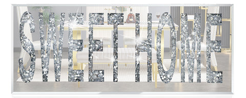 Glam FAMILY Sign, diamond-studded, for walls. HD Glass, crushed diamond ‘SWEET HOME’ luxe shine. Artistic cut, beveled edge, FAMILY in diamonds. Size: 24"Lx10"W. MDF back, easy to hang. Chic decor for various rooms, gift-ready.