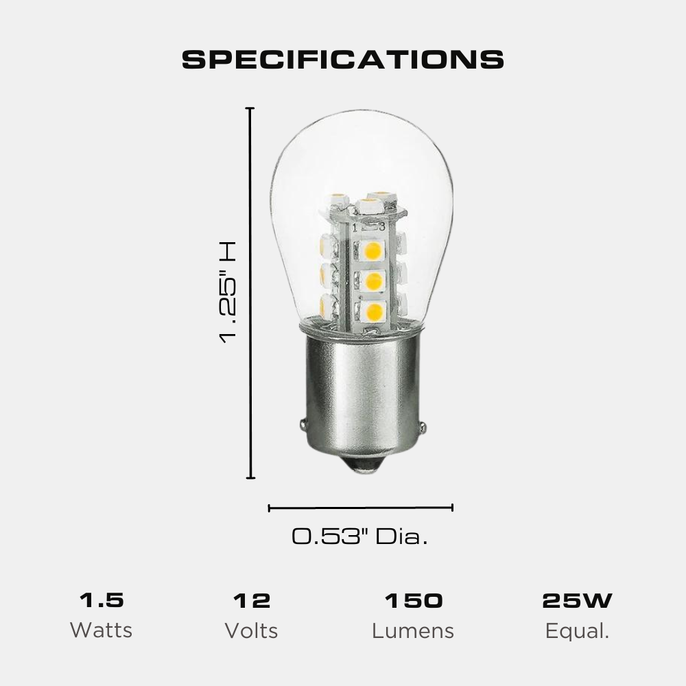 1156/1141/1003 1.5W LED S8 Bulb, Low Voltage 12V, Single Contact, BA15S Base, 3000K, 10 Pack