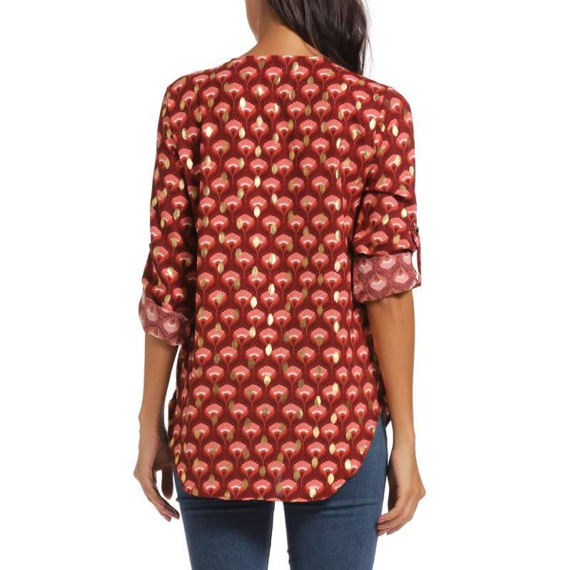 Fashion Zipper V neck Print Long sleeve Blouses