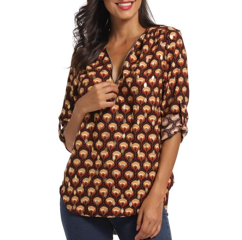 Fashion Zipper V neck Print Long sleeve Blouses