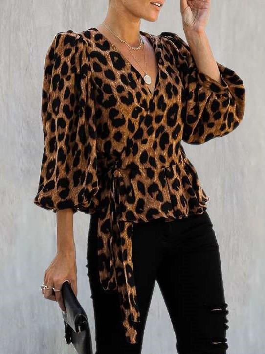 Fashion V neck Long sleeve Lacing Leopard print Blouses