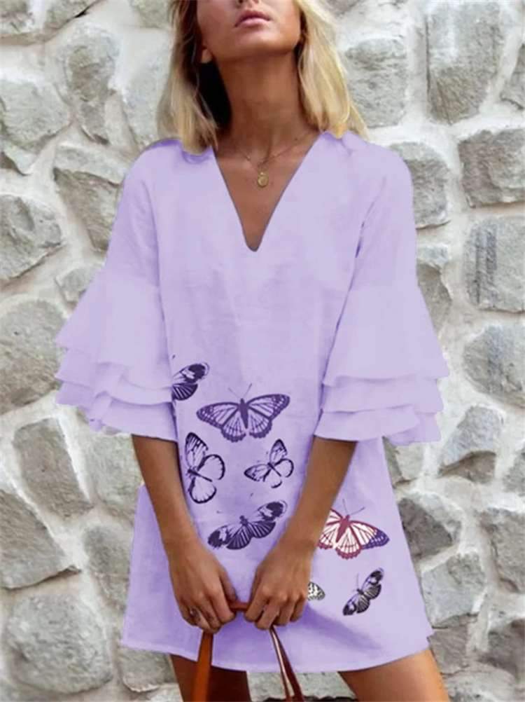 Fashion V neck Half sleeve Butterfly print Shift Dresses