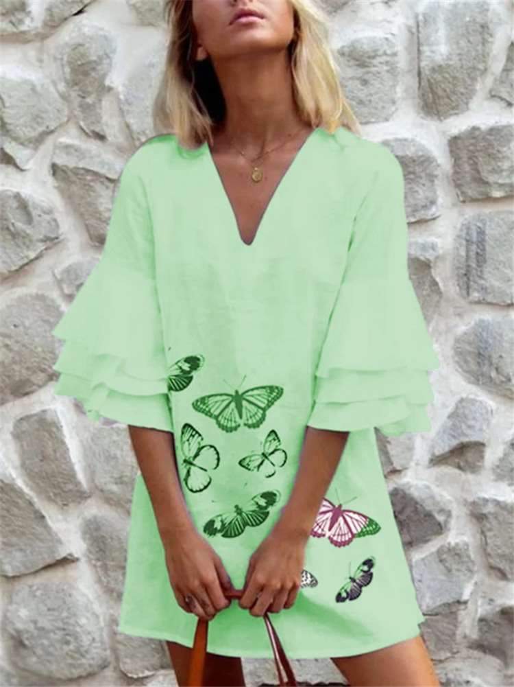 Fashion V neck Half sleeve Butterfly print Shift Dresses