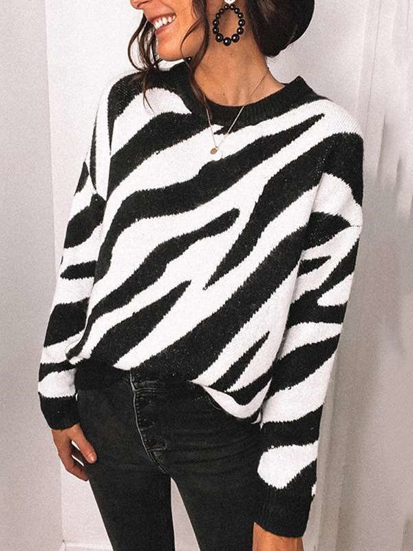 Fashion Stripe print Round neck Long sleeve Knit  Sweaters