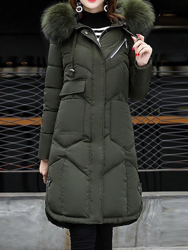 Fashionable Long Wool- like Collar Down Polyester Jacket Long Coats