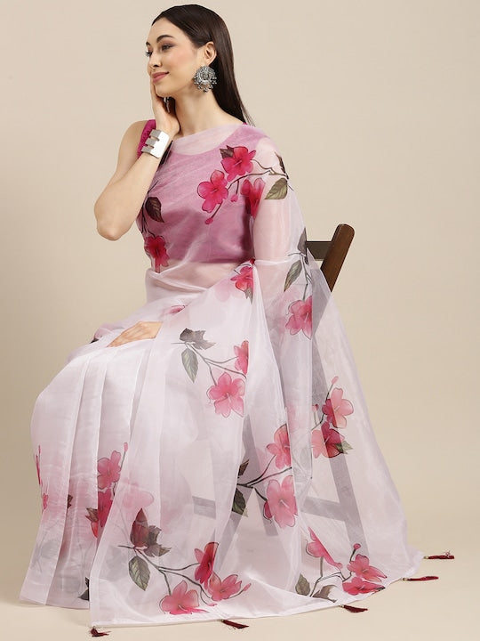 All about you Off White & Pink Floral Organza Saree