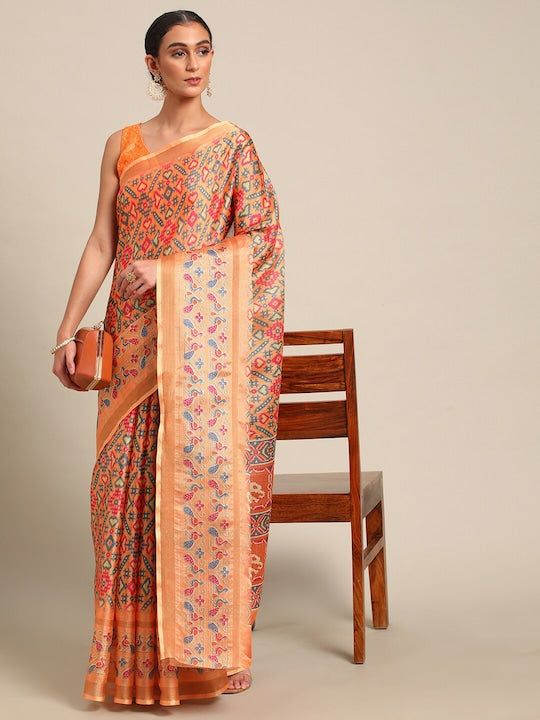 All about you Orange & Tan Ethnic Motifs Printed Zari Saree