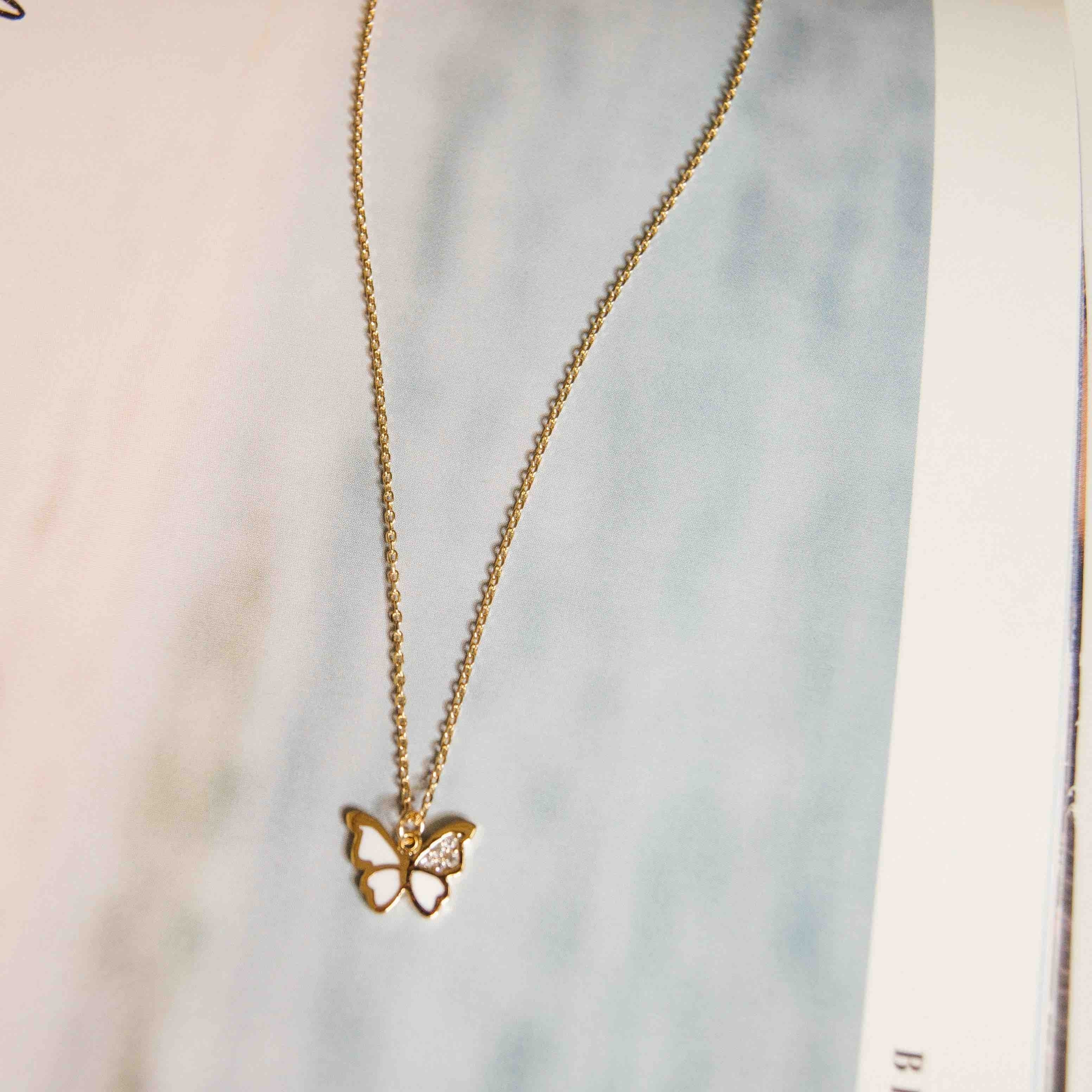 Butterfly Pendant Necklace - Gold/White