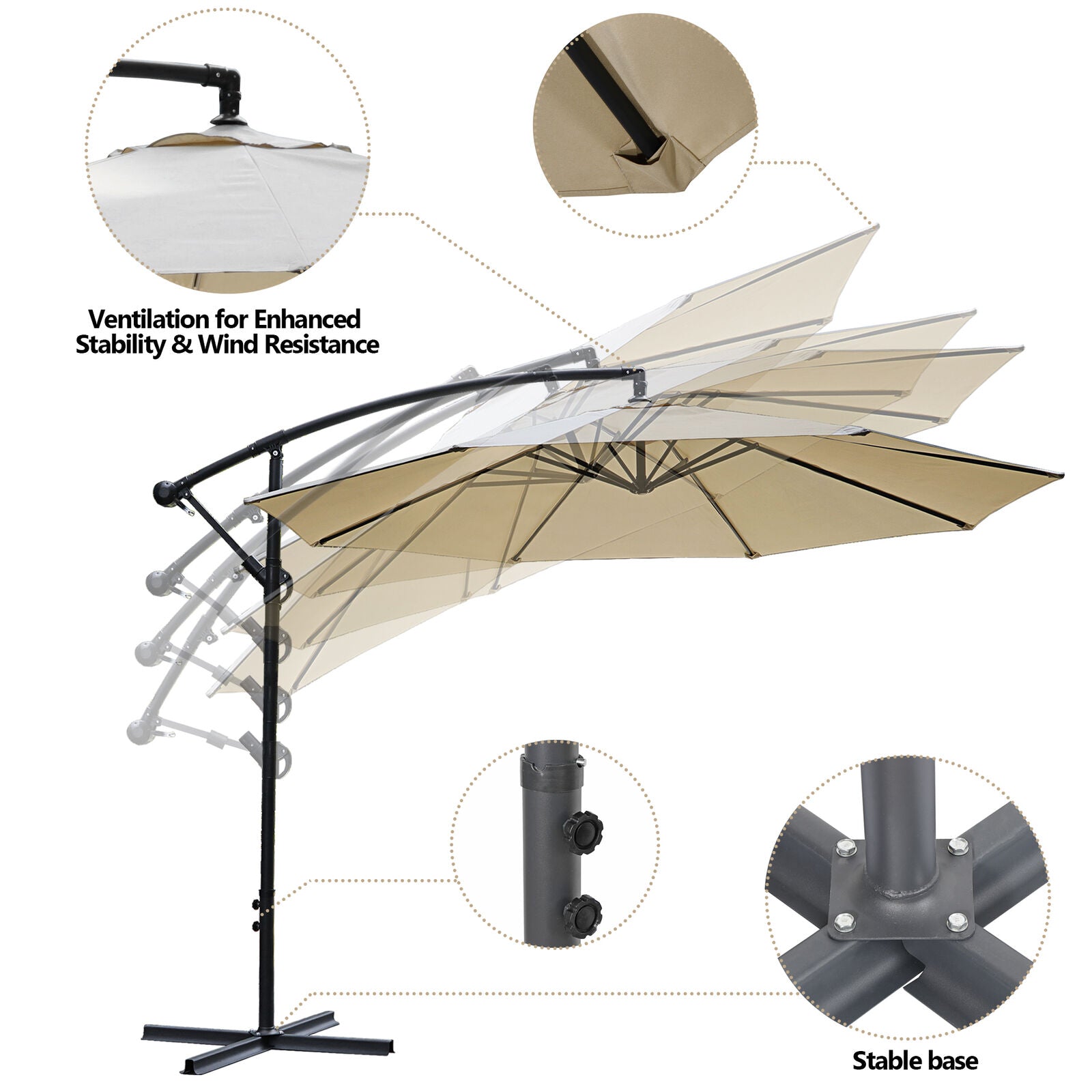 10ft Patio Umbrella Offset Market Umbrella Cantilever Hanging 8 Ribs Outdoor Tan