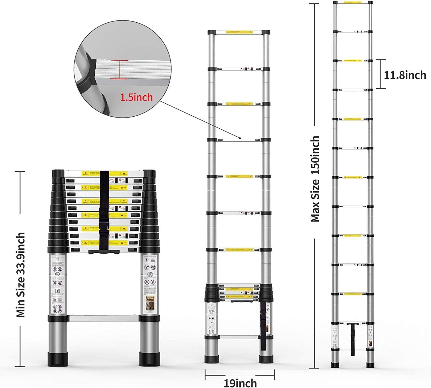 Telescoping Ladder 12.5 FT One Button Retraction Aluminum Telescopic Extension