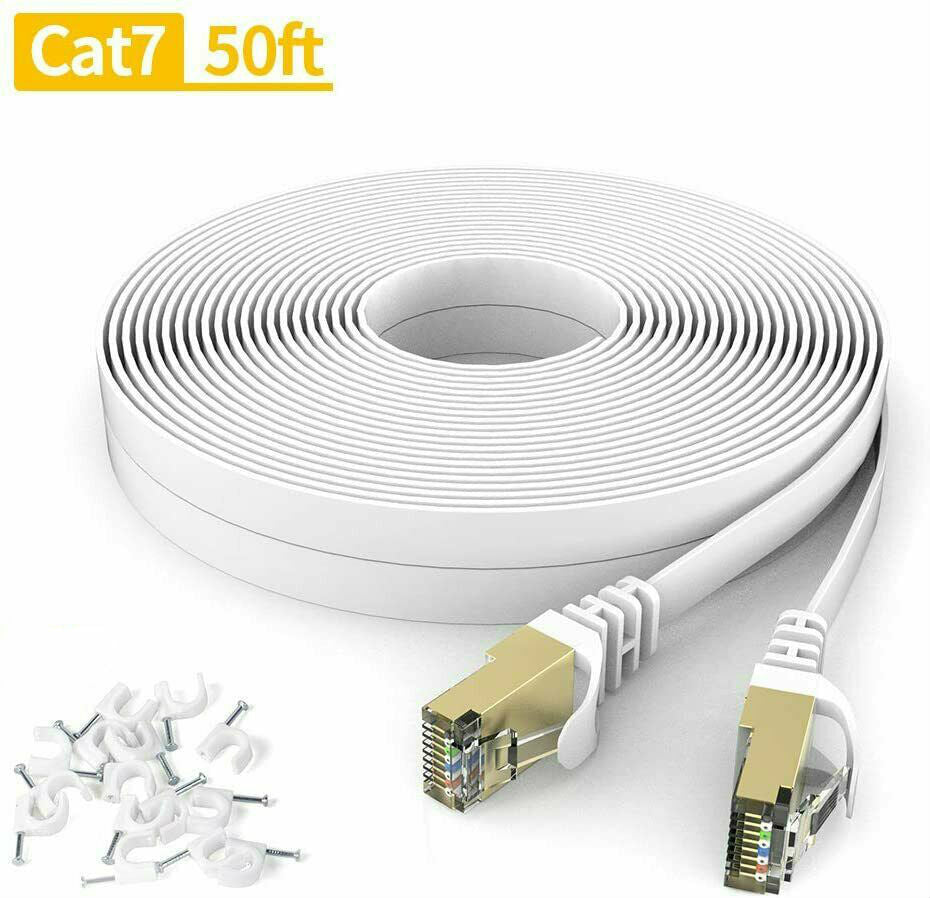 50FT CAT7 CAT 7 Flat Ethernet Cable LAN RJ45 Internet Router Patch Cord 50 Feet