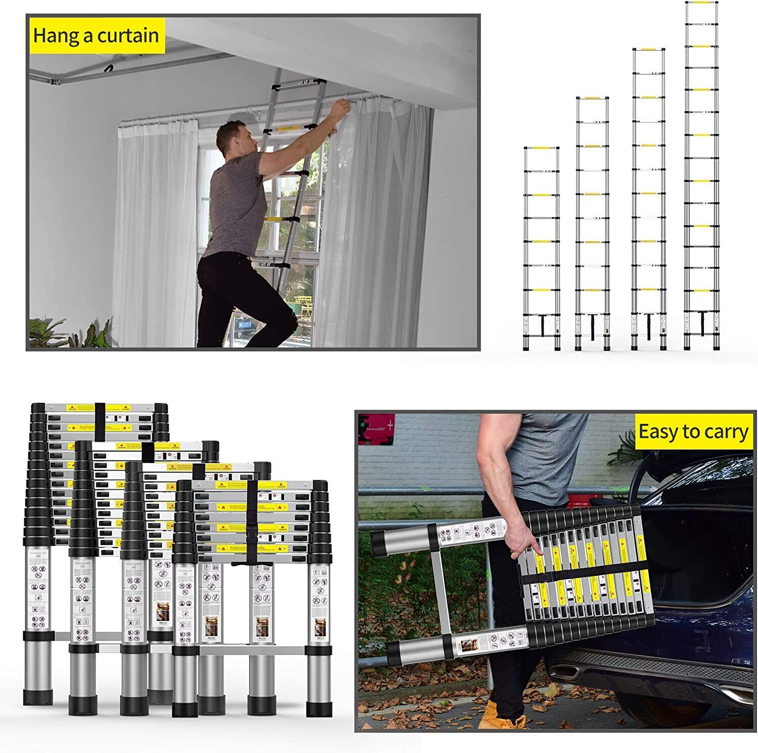 Telescoping Ladder 12.5 FT One Button Retraction Aluminum Telescopic Extension