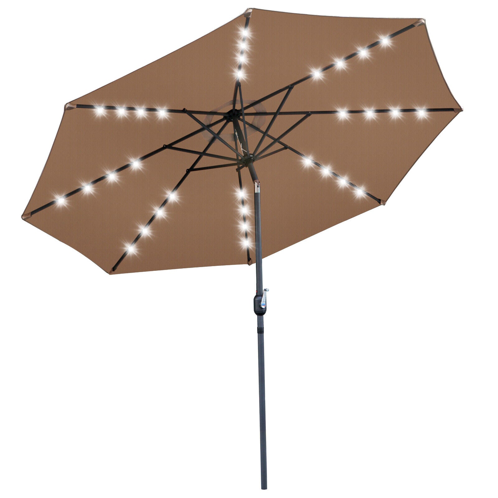 9 FT Tan Solar Powered Patio Umbrella 32LED Solar Umbrella w/ Tilt and Crank