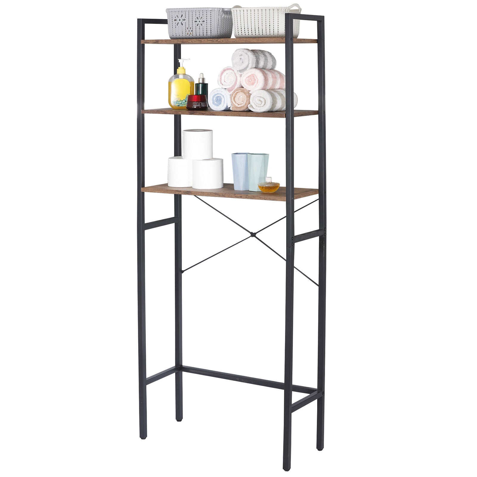 3-Tier Over The Toilet Storage MDF Bathroom Organizer Shelves Brown Freestanding