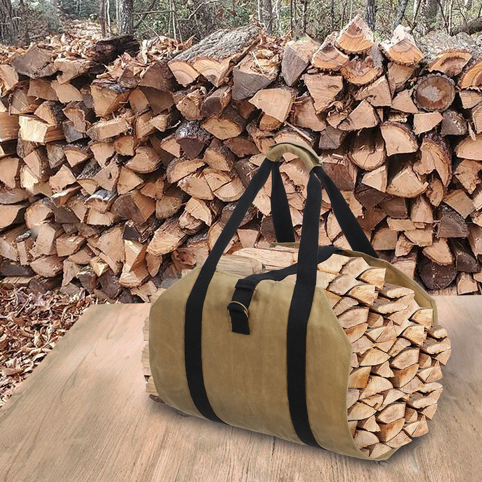 Firewood Bag Wax Canvas Camp Logging Wood Fireplace with with Security Strap