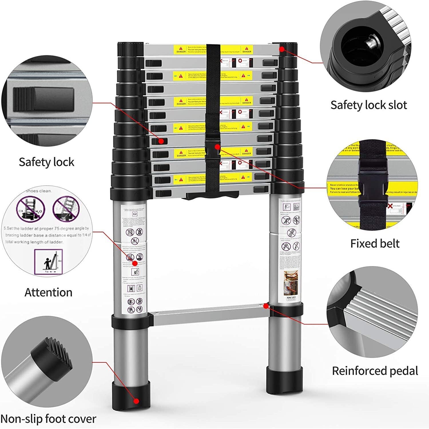 Telescoping Ladder 12.5 FT One Button Retraction Aluminum Telescopic Extension