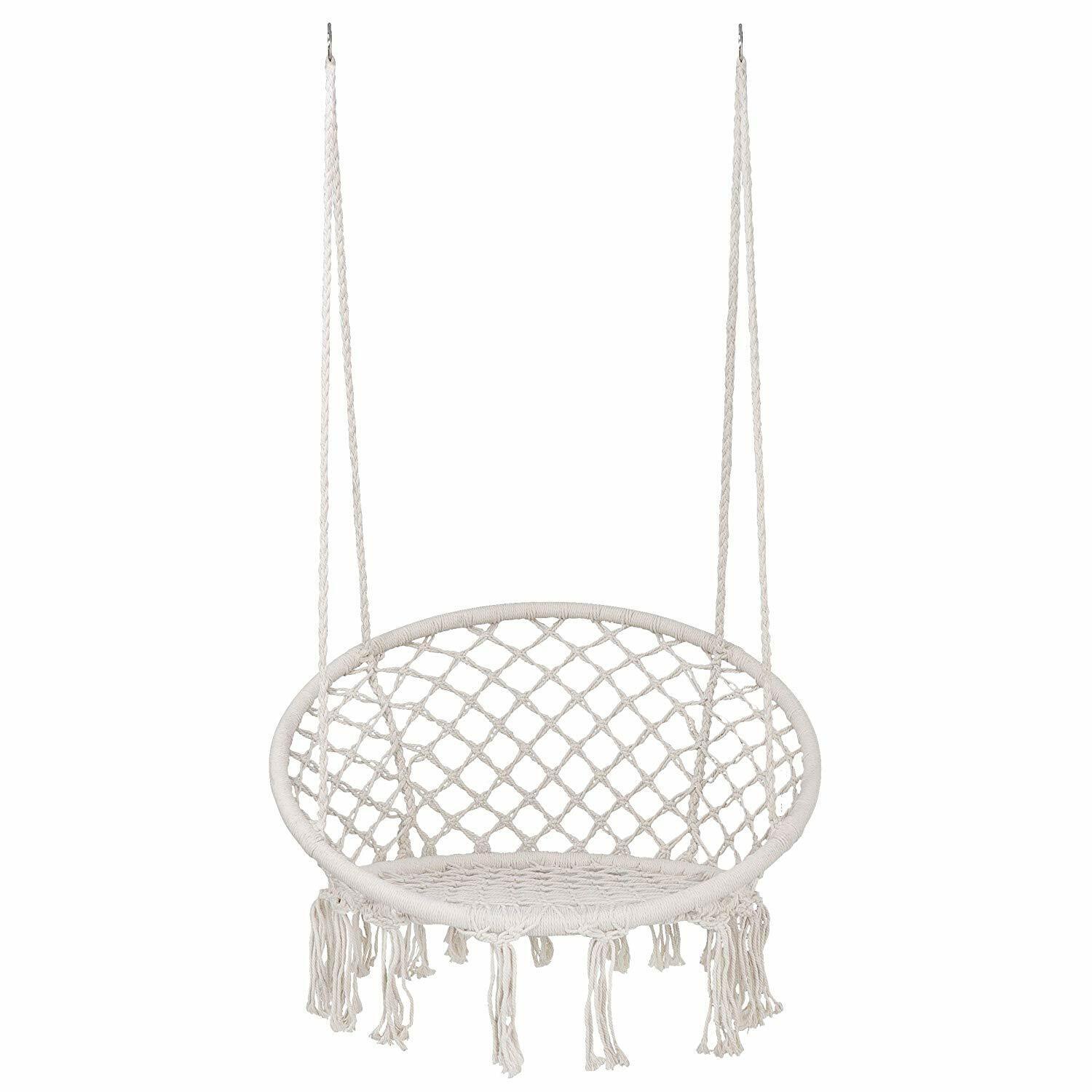 Beige Hammock Chair Macrame Swing Hanging Cotton Rope 330lb Capacity In/Outdoor